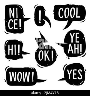 Vector set of speech bubbles. Hand drawn set of dialog boxes with short phrases Stock Vector