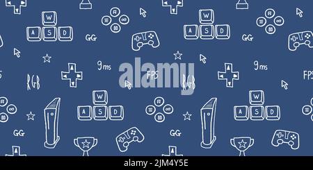 Video game seamless pattern. Gaming concept vector illustration. Gamer doodle with WASD keys and gaming equipment. Stock Vector