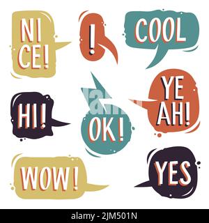 Vector set of speech bubbles with short phrases. Hand drawn set of dialog boxes in cartoon style Stock Vector
