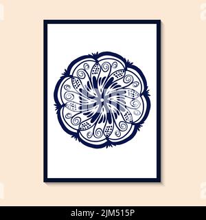 Navy blue decorative round mandala, circular ornament. Blue and white mandala, porcelain, pottery. vector illustration Stock Vector