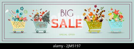 Advertising poster for black Friday, carts with goods for winter, spring, summer, autumn. Banner for discounts and sales. A poster with an inscription Stock Vector