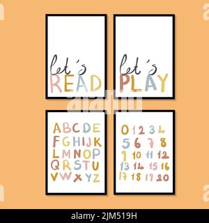 Let's Play Let's Read, Alphabet, Numbers. Playroom Wall Art, Playroom Posters, Kids Room Decor, Playroom Set, Kids room print illustration. Stock Vector