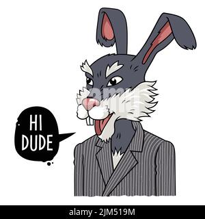 Vector illustration of a rabbit in a classic suit and speech bubble with phrase Hi dude Stock Vector