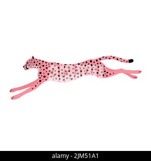 Vector flat jumping pink cheetah isolated on white background Stock Vector