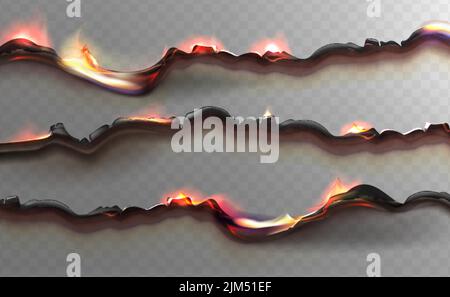 Charred paper page with burnt uneven edges 3d vector realistic. Burn ripped sheets in flame isolated on transparent background. Burned torn borders or frame with fire and black ash. Stock Vector