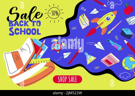 Back to school sale banner or poster design template. Open school backpack on blue liquid background with flying rocket, books, pencils. Vector flat c Stock Vector
