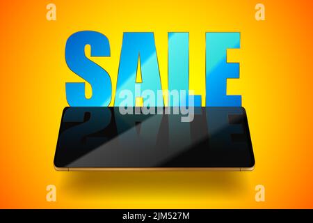 Vector golden smartphone blue sale illustration. Modern digital device for sale banner, flayer, leaflet design. Phone yellow background. Promo poster Stock Vector