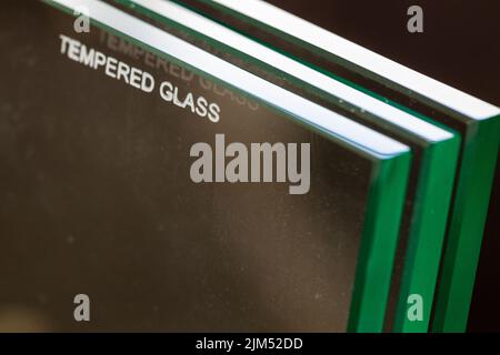 toughened glass, close-up, fired glass tempering markings Stock Photo