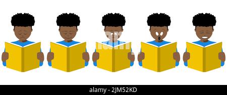 five icons showing different emotions of a boy reading a book. eps vector file available. Stock Vector