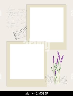 Photobook Collage frame lace watercolor lavender text stamp. Vector illustration Stock Vector