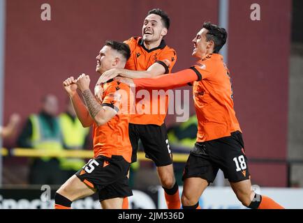 Dundee United's Glenn Middleton (left) celebrates scoring their side's first goal of the game during the UEFA Europa Conference League third qualifying round, first leg match at Tannadice Park, Dundee. Picture date: Thursday August 4, 2022. Stock Photo
