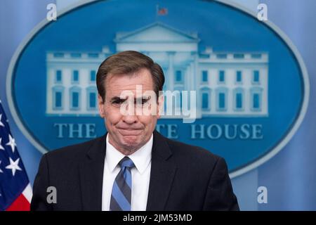 Washington, USA. 04th Aug, 2022. National Security Council Coordinator for Strategic Communications John Kirby makes a statement condemning China's use of ballistic missiles in response to US Speaker of the House Nancy Pelosi's visit to Taiwan, during a news briefing in the James Brady Press Briefing Room of the White House in Washington, DC, USA, 04 August 2022. Credit: Sipa USA/Alamy Live News Stock Photo