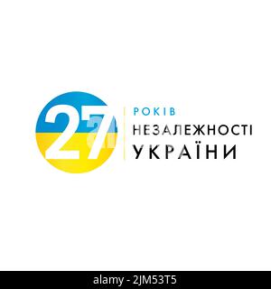 27th anniversary number, native pattern frame. 3D button with Ukrainian flag colors and text Happy Independence Day. Vector emblem. Creative 27 years Stock Vector