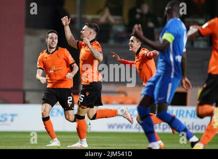 Dundee United's Glenn Middleton (left) celebrates scoring their side's first goal of the game during the UEFA Europa Conference League third qualifying round, first leg match at Tannadice Park, Dundee. Picture date: Thursday August 4, 2022. Stock Photo