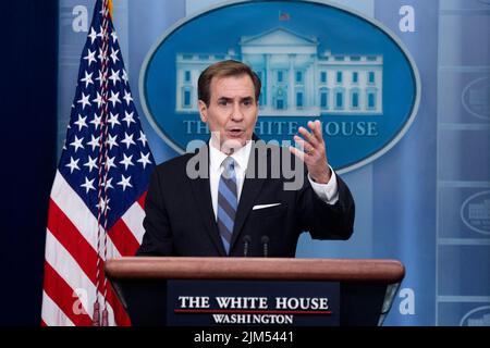 National Security Council Coordinator for Strategic Communications John Kirby makes a statement condemning China’s use of ballistic missiles in response to US Speaker of the House Nancy Pelosi’s visit to Taiwan, during a news briefing in the James Brady Press Briefing Room of the White House in Washington, DC, USA, 04 August 2022. Stock Photo