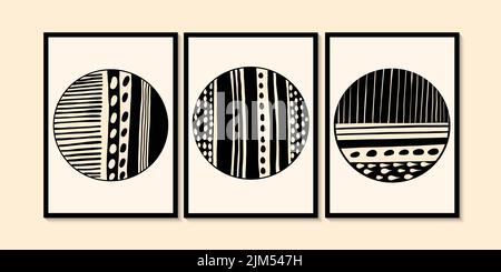 Abstract round line pattern. Minimalist wall art in siyah, bej colors. Simple line style. Black geometric shapes, circles, Modern creative pattern. Stock Vector