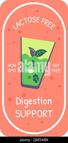 Lactose and soy free, digestion support food label Stock Vector