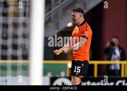 Dundee United's Glenn Middleton celebrates scoring their side's first goal of the game during the UEFA Europa Conference League third qualifying round, first leg match at Tannadice Park, Dundee. Picture date: Thursday August 4, 2022. Stock Photo