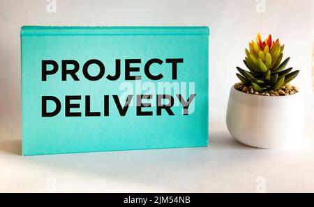 PROJECT IMPLEMENTATION written on a green diary next to a cactus flower Stock Photo