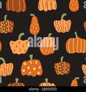 Pumpkins on dark background seamless pattern. Autumn vegetables print. Set varied orange and de Stock Vector