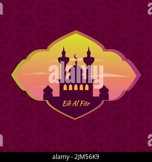 Arabic building against the background of the Arabic pattern in the window against the sky and clouds with the inscription Eid Al Fitr Stock Vector