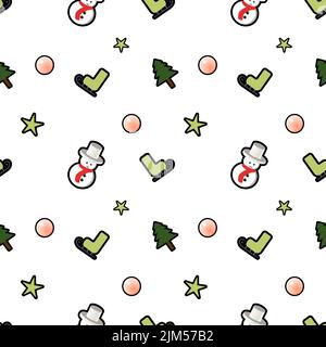 A vector icons of snowmen, pink balls, Christmas trees and light green stars and ski shoes isolated on a white background Stock Vector