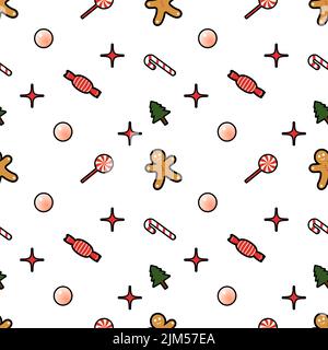 A vector icons of mini ginger cookies, pink balls, red and white candies, Christmas trees and red stars isolated on a white background Stock Vector