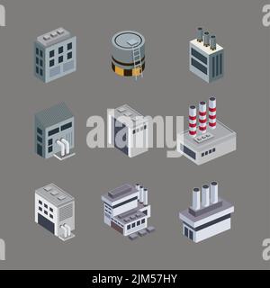 nine isometric industrial buildings Stock Vector