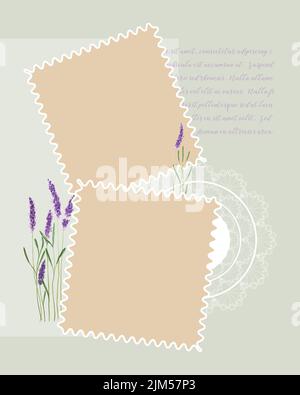 Photobook Collage frame. Lace, watercolor lavender text. Vector illustration Stock Vector