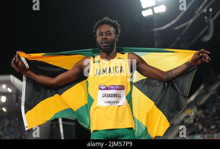 Jamaica's Rasheed Broadbell celebrates winning gold in the Men's 110m