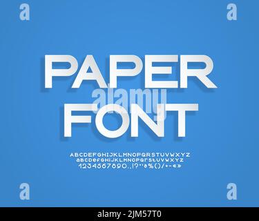 Realistic 3d paper font geometric style white color. Modern font with paper cut effect with transparent shadow Stock Vector