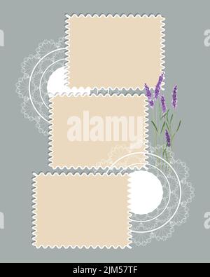 Photobook Collage frame. Lace, watercolor lavender . Vector illustration Stock Vector