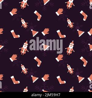 A vector icons of mini Santa Clauses, red Christmas socks, hats and gloves on a dark blue background with faded white snowflakes Stock Vector