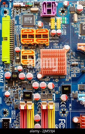 A top view shot of an old mainboard support CPU socket 775 Stock Photo