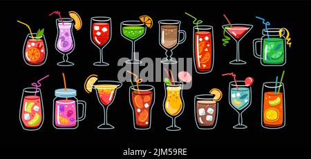 Cocktails collection, summer cold drinks. Fruit smoothies, milkshakes, juice, lemonade colored icons set. Cartoon flat Stock Vector
