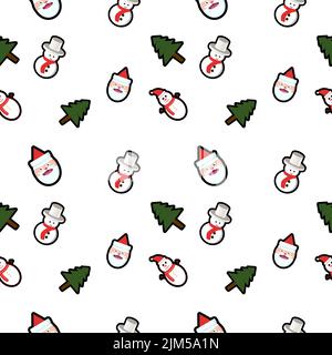 A vector icons of mini Christmas trees, Santa Clause faces and snowmen isolated on white background Stock Vector