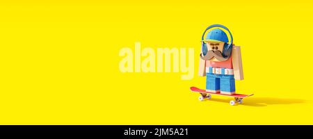 Colorful modern character with a mustache and headphones rides a skateboard on yellow background 3d render 3d illustration Stock Photo