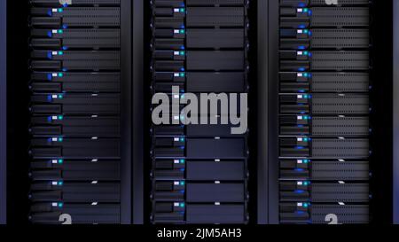 A front view of computer racks in the server room - data protection, rendering, computer power, network Stock Photo