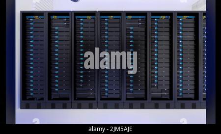 A front view of computer racks in the server room - data protection, rendering, computer power, network Stock Photo