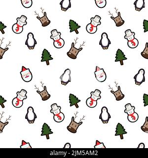 A vector icons of mini Christmas trees, penguins, snowmen and the heads of Santa Claus and deer isolated on a white background Stock Vector