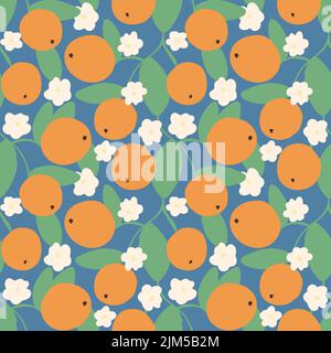 Citruses and flowers seamless pattern. Blossoming oranges background. Bright citrus print on blue backing. Exotic tropical fruit pattern for textile, Stock Vector