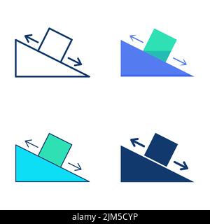 Frictional force icon set in flat and line style. Law of physics symbol. Block sliding on incline plane. Vector illustration. Stock Vector
