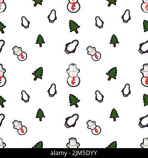 A vector icons of mini Christmas trees, snowmen and penguins isolated on a white background Stock Vector