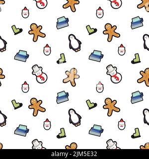 A vector icons of mini ginger cookies, blue gifts, penguins, faces of Santa Clause, Snowmen and light green ski shoes isolated on a  white background Stock Vector