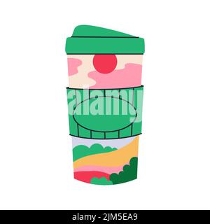 A cup of coffee to go with a spring landscape inside. Cup sleeve with place for text. Vector illustration. Stock Vector