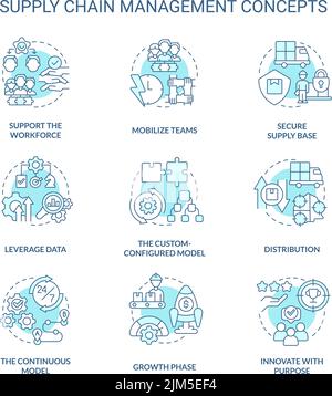 Supply chain management turquoise concept icons set Stock Vector