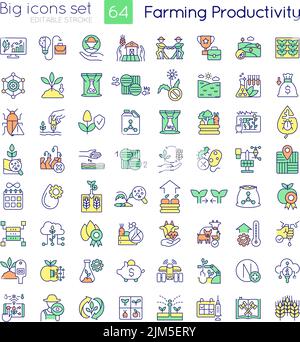 Farming productivity RGB color icons set Stock Vector