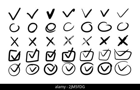 Check mark doodle with checklist and checkbox v. Box list tick and hand drawn sketch brush vector illustration. Handdrawn chalk and handwritten ok str Stock Vector