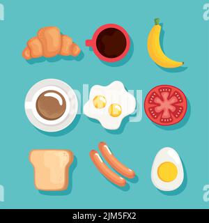 nine breakfast ingredients icons Stock Vector