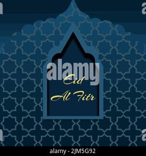 arabic arch with a window on the background of the arabic pattern and the inscription Eid Al Fitr Stock Vector